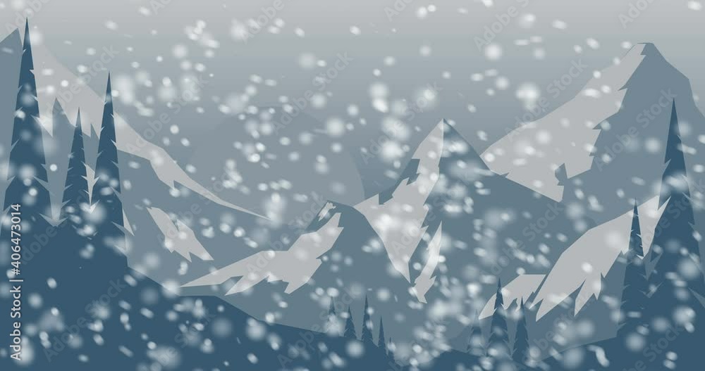 Animated background with mountains in snowy winter. Snowfall in a mountain valley. Cartoon style footage Animated background with mountains in snowy winter. Snowfall in a mountain valley. Cartoon style footage
