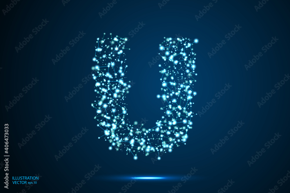 English letters abstract font consists 3d of triangles, lines, dots and connections. On a dark blue background cosmic universe stars, meteorites, galaxies. Vector illustration EPS 10.