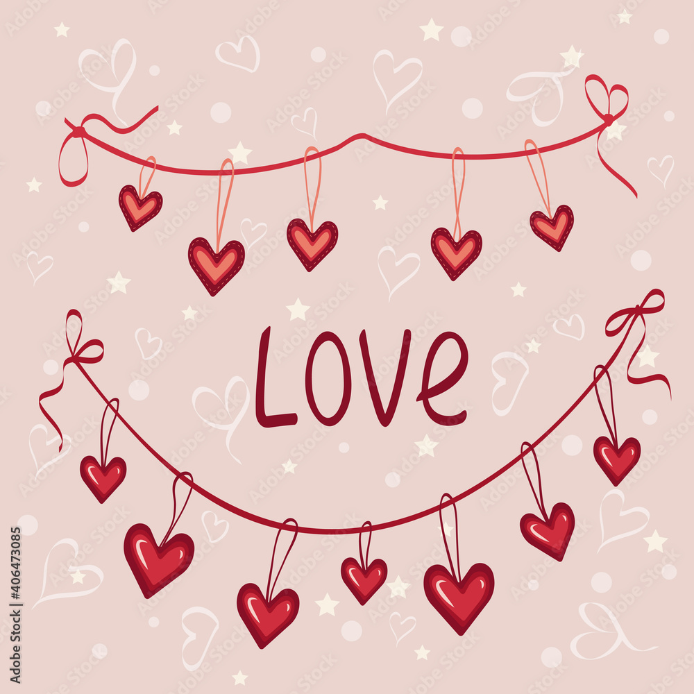 garlands of ribbons with hearts, background with stars