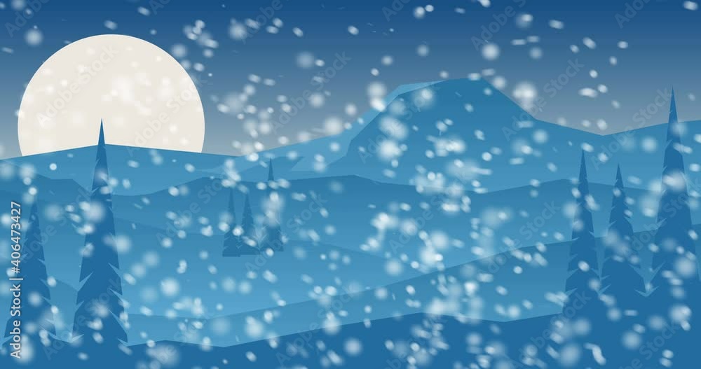 Animated background with mountains in snowy winter. Snowfall in a mountain valley. Cartoon style footage Animated background with mountains in snowy winter. Snowfall in a mountain valley. Cartoon style footage