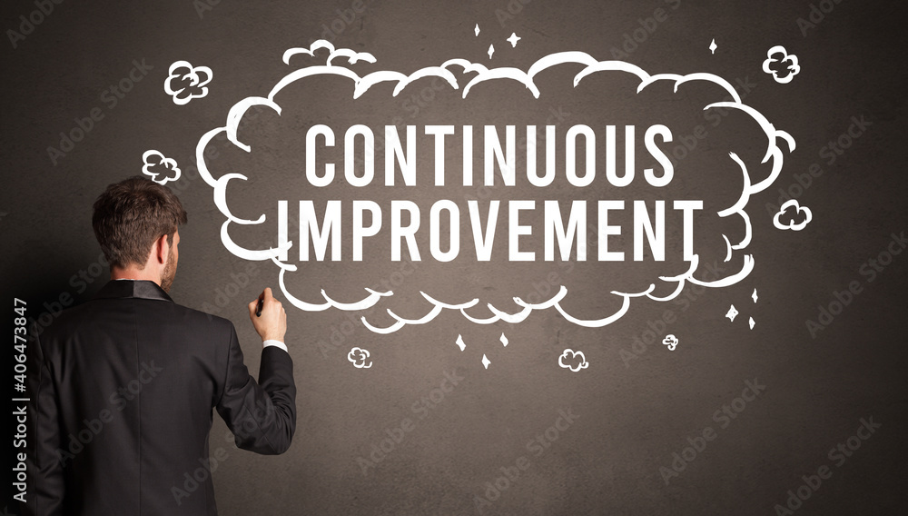 businessman drawing a cloud with CONTINUOUS IMPROVEMENT inscription inside, modern business concept businessman drawing a cloud with CONTINUOUS IMPROVEMENT inscription inside, modern business concept