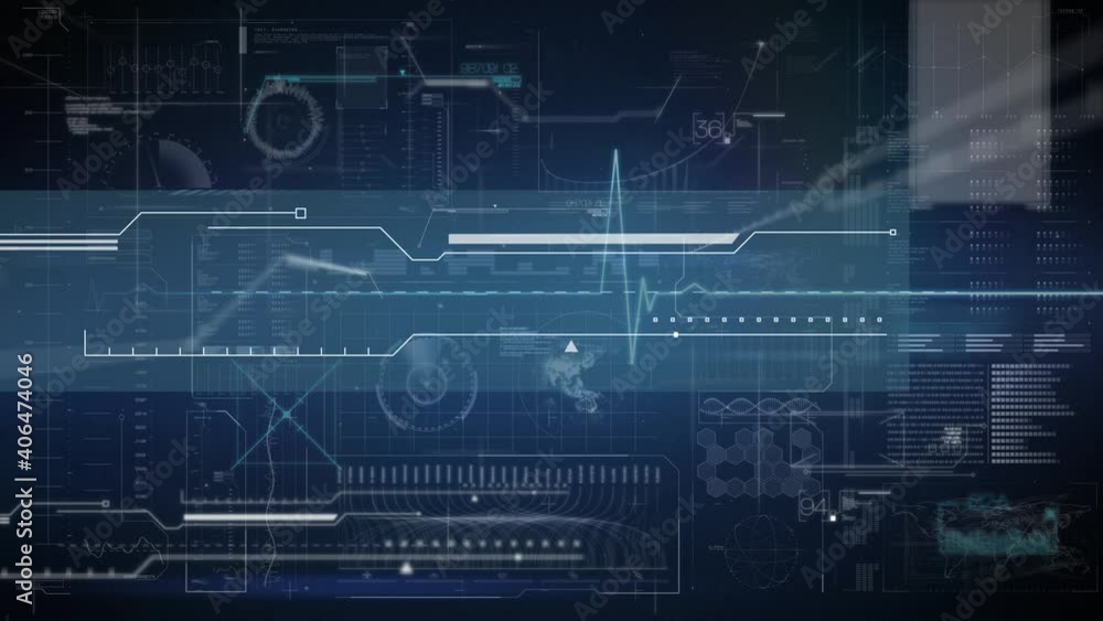 Animation of heart rate monitor against statistics processing and scientific data Animation of heart rate monitor against statistics processing and scientific data