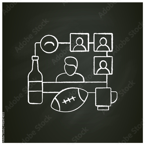 Online football party chalk icon. Meeting together concept. Internet streaming. Live sport translation. Social distanced party. Remote public event.Isolated vector illustration on chalkboard