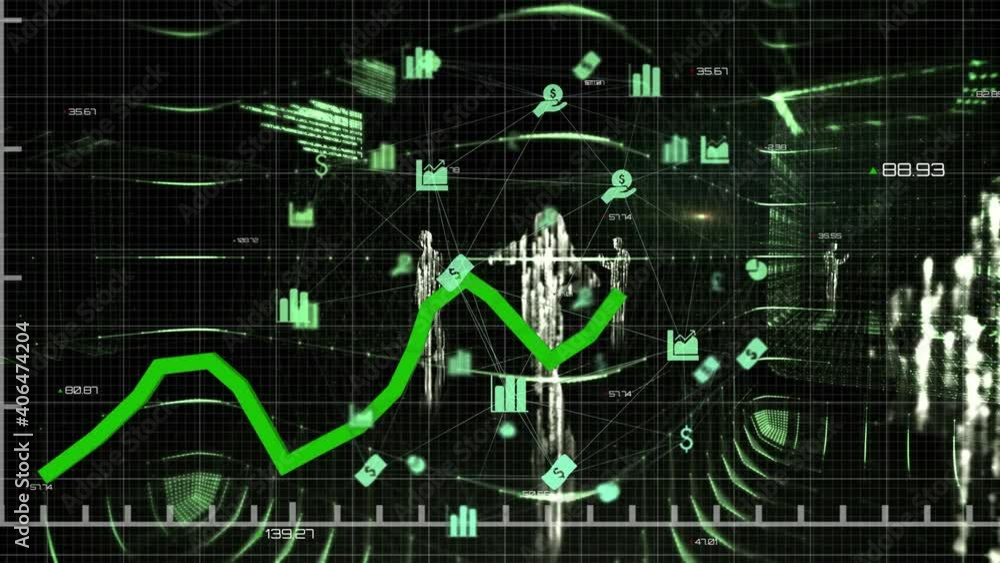 Digital animation of green graph moving against network of finance icons on black background Digital animation of green graph moving against network of finance icons on black background