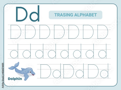 Alphabet tracing practice Letter D. Tracing practice worksheet. Learning alphabet activity page.