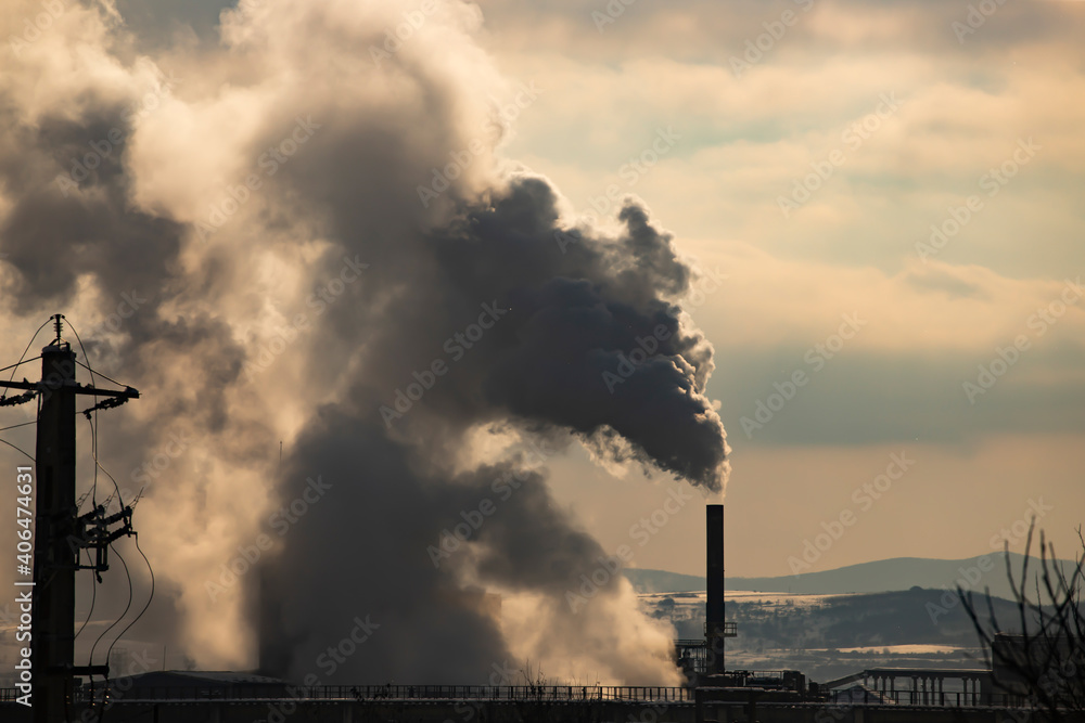 Factory pipe polluting air, environmental problems, smoke from chimneys