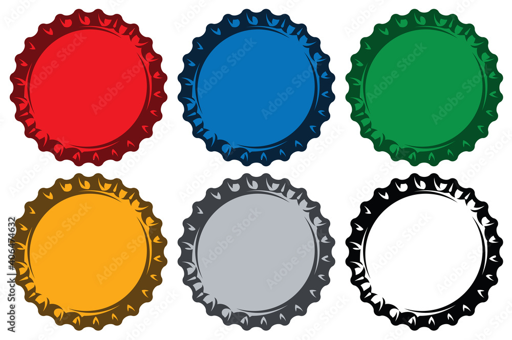 Various metal caps for bottles. Set of vector color illustrations. Template for logo design, corporate style, business card, poster, website Various metal caps for bottles. Set of vector color illustrations. Template for logo design, corporate style, business card, poster, website