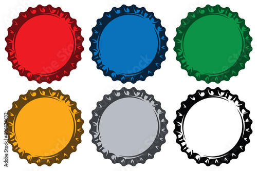 Various metal caps for bottles. Set of vector color illustrations. Template for logo design, corporate style, business card, poster, website