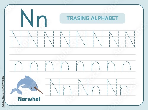 Alphabet tracing practice Letter N. Tracing practice worksheet. Learning alphabet activity page.