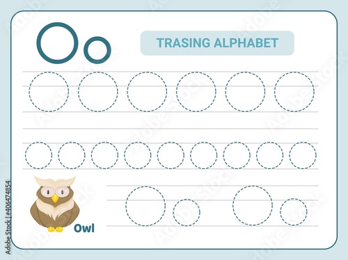 Alphabet tracing practice Letter O. Tracing practice worksheet. Learning alphabet activity page.