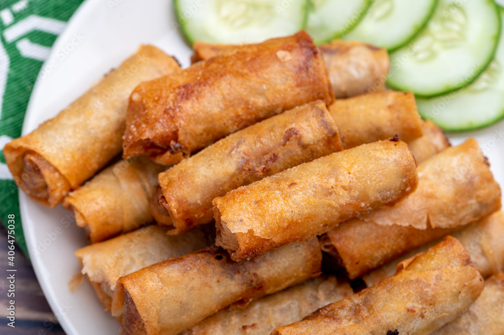 Pork Lumpiang Shanghai (close up) is a Filipino favorite, its a dish usually served at parties and feasts. This is very similar to a spring roll.
Pork Lumpiang Shanghai (close up) is a Filipino favorite, its a dish usually served at parties and feasts. This is very similar to a spring roll.