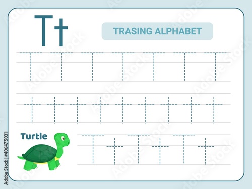 Alphabet tracing practice Letter T. Tracing practice worksheet. Learning alphabet activity page.