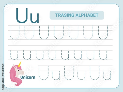 Alphabet tracing practice Letter U. Tracing practice worksheet. Learning alphabet activity page.