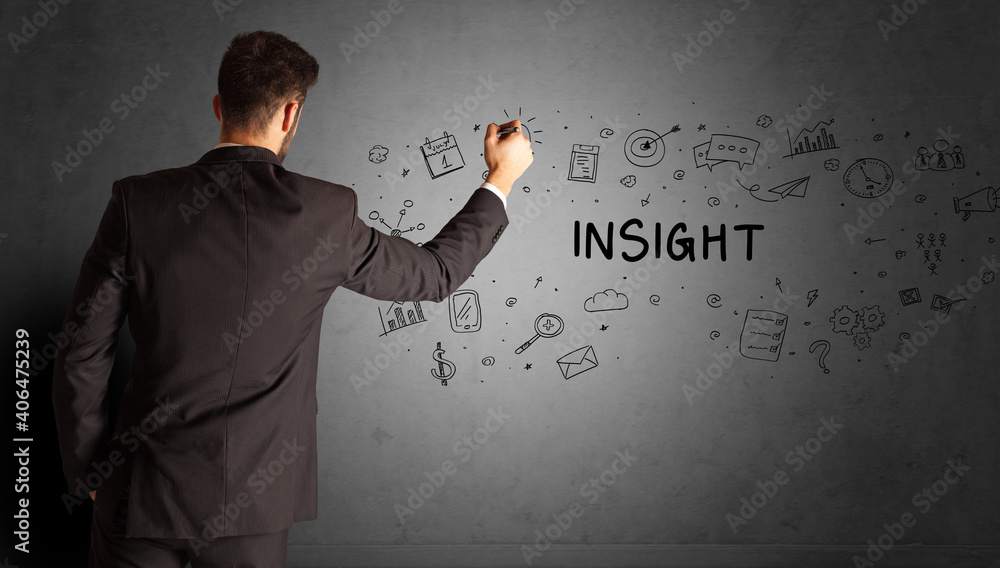 businessman drawing a creative idea sketch with INSIGHT inscription, business strategy concept businessman drawing a creative idea sketch with INSIGHT inscription, business strategy concept