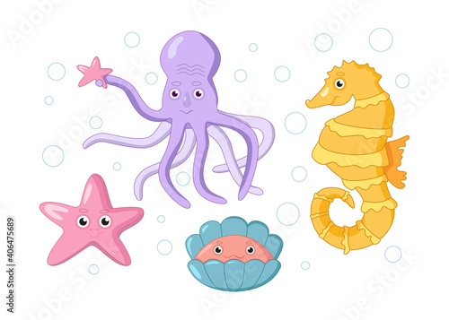  Sea dweller. Octopus  starfish. seahorse  shell  mollusk. Colored. Isolated.
