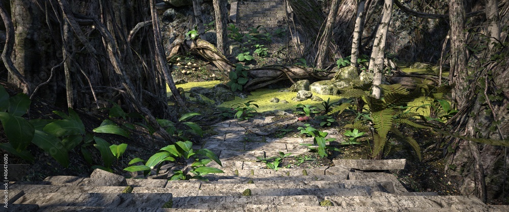 Stone steps to the river overgrown with water plants surrounded by trees. Photorealistic 3D illustration. Beautiful natural wallpaper. Stone steps to the river overgrown with water plants surrounded by trees. Photorealistic 3D illustration. Beautiful natural wallpaper.