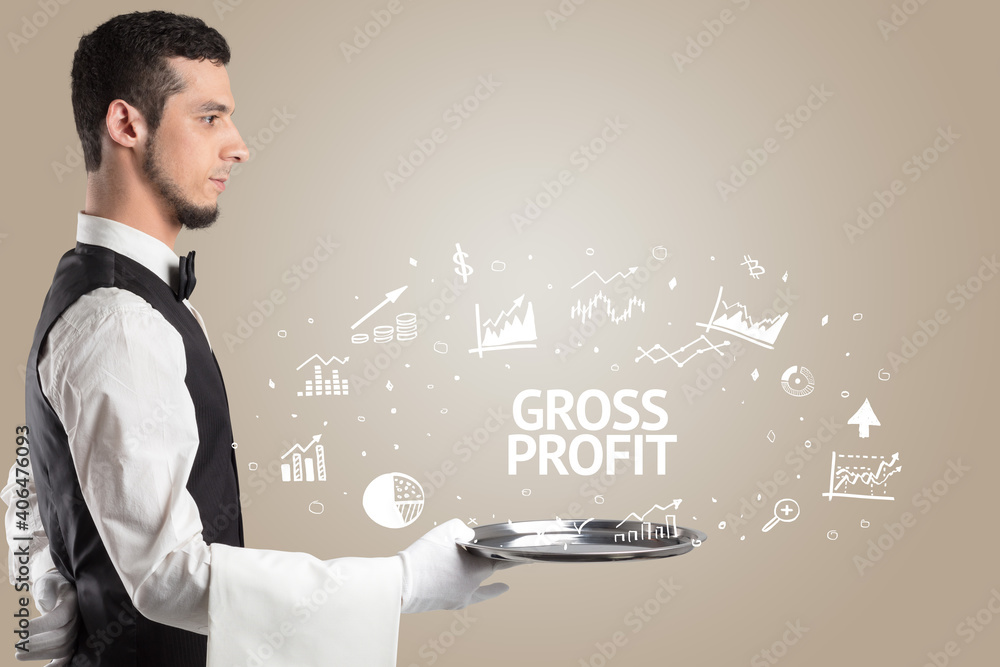 Waiter serving business idea concept with GROSS PROFIT inscription Waiter serving business idea concept with GROSS PROFIT inscription