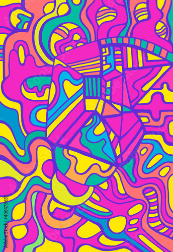 Sunny bright summer psychedelic background doodle stylish lines patterns hippie background neon color.