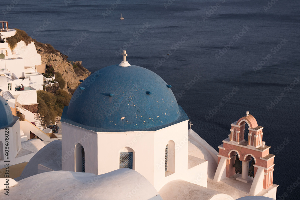 church with view on the caldera on Santorini island, Greece