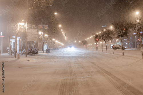 Madrid, Spain- January 9, 2021: Madrid covered in snow after storm Filomena. Filomena storm. Great snowfall in Madrid. Filomena
 photo