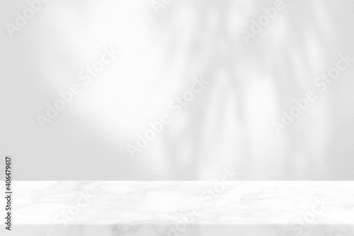 Marble Table Pine Leaves Shadow on White Concrete Wall Background.