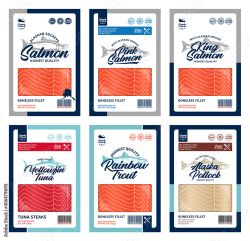 Vector fish flat style packaging design. Salmon, trout, tuna and alaska pollock fish illustrations and fish meat textures