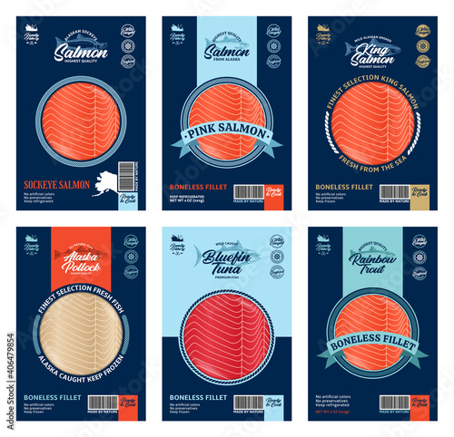 Vector fish packaging design concept. Modern style seafood packaging illustration. Salmon, trout, tuna and alaska pollock fish illustrations