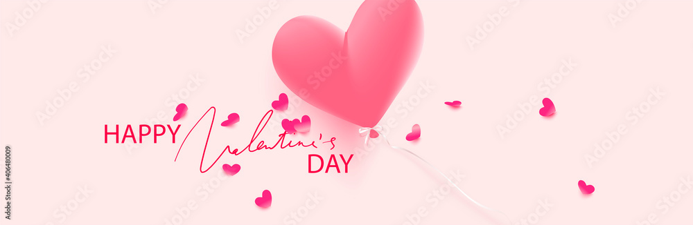 Pink heart shaped balloon and confetti for Valentine's day. Vector