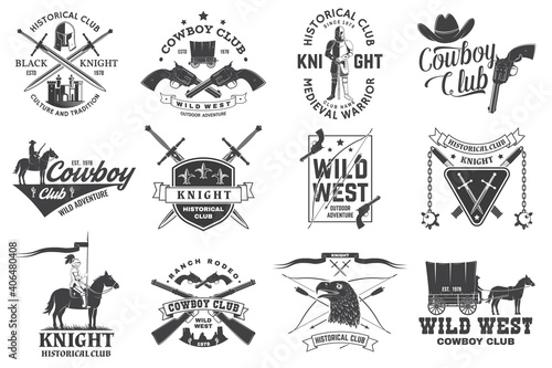 Fototapeta Naklejka Na Ścianę i Meble -  Set of knight historical and cowboy club design Vector Concept for shirt, print, stamp, overlay or template. Vintage typography design with knight, knight on a horse, swords, axe, castle silhouette