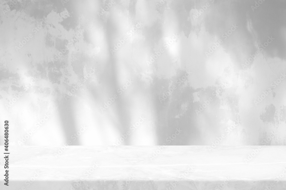 White Stone Table with Tree Shadow on Grunge Concrete Wall Texture Background, Suitable for Product Presentation Backdrop, Display, and Mock up. White Stone Table with Tree Shadow on Grunge Concrete Wall Texture Background, Suitable for Product Presentation Backdrop, Display, and Mock up.