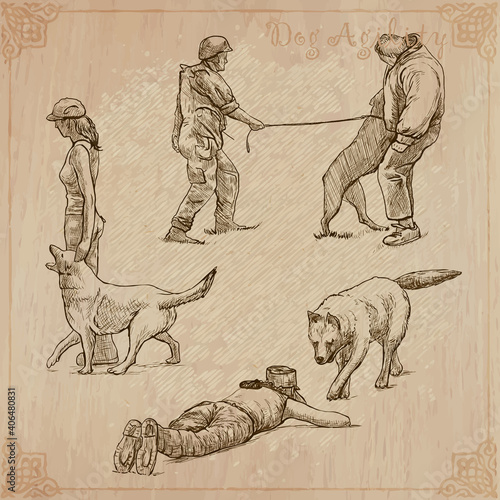 Dog training. Collection. Pack of freehand vector sketches. Line art.