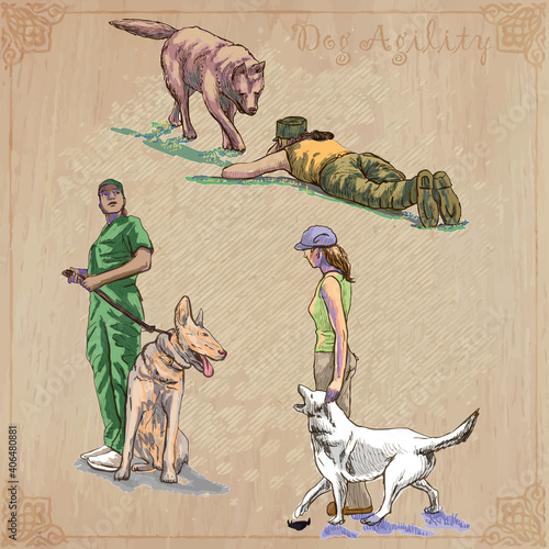 Dog training. Collection. Pack of freehand vector sketches. Line art.