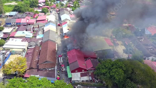 Drone fly in fire smoke witnessing the building on fire. photo