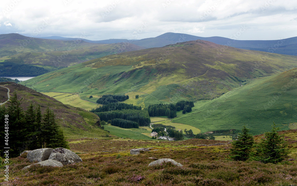 Panoramic view of the Cloghoge River Valley, Wicklow Mountains, Ireland.