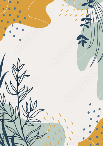 Abstract organic vector shapes, leaves, branch, plants. Modern graphics for business, holiday. Natural elements in doodle style for template, cover, poster, greeting card, frame, background. 