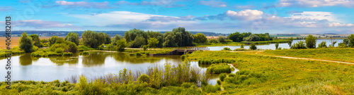 Summer panorama with trees by the river and picturesque sky in sunny weather
