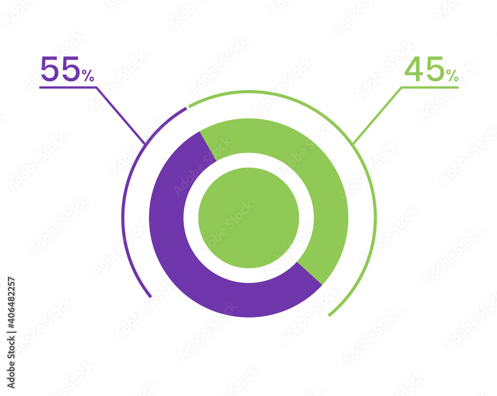 55 45 percent pie chart. 45 55 infographics. Circle diagram symbol for business, finance, web design, download, progress