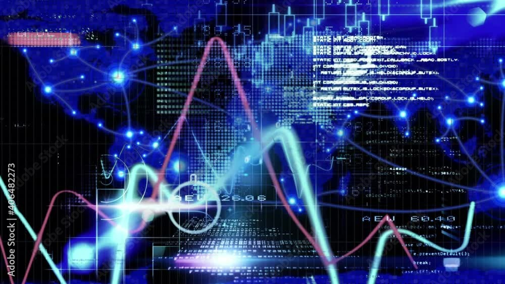 Digital animation of graphs moving and data processing against world map on black background Digital animation of graphs moving and data processing against world map on black background