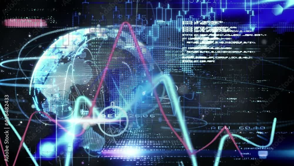 Digital animation of graphs moving and data processing over globe spinning on black background Digital animation of graphs moving and data processing over globe spinning on black background