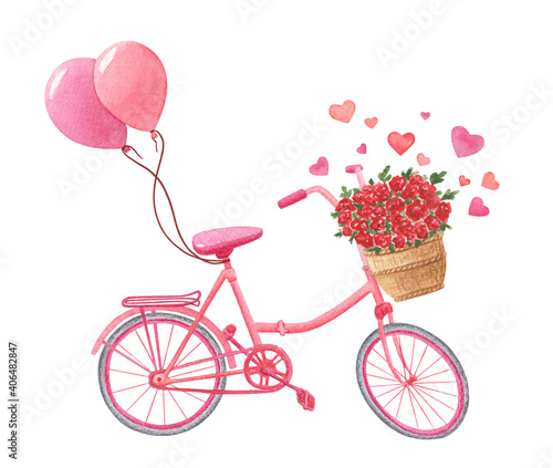 Pink old-fashioned bicycle with flowers in basket © Liudmila Dutko