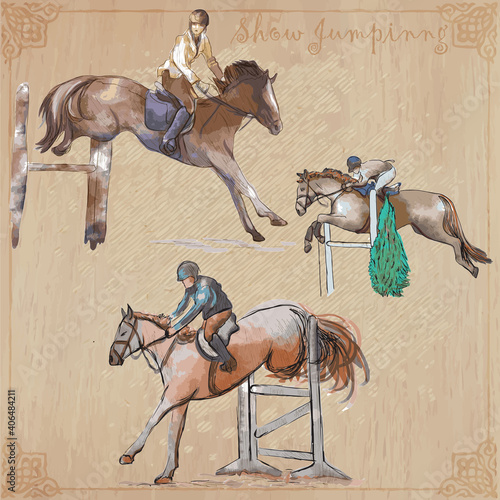 Horses - show jumping. Collection, pack of freehand vector sketches. Line art.