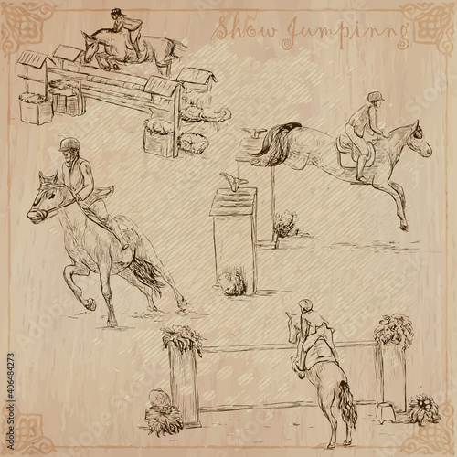 Horses - show jumping. Collection, pack of freehand vector sketches. Line art.