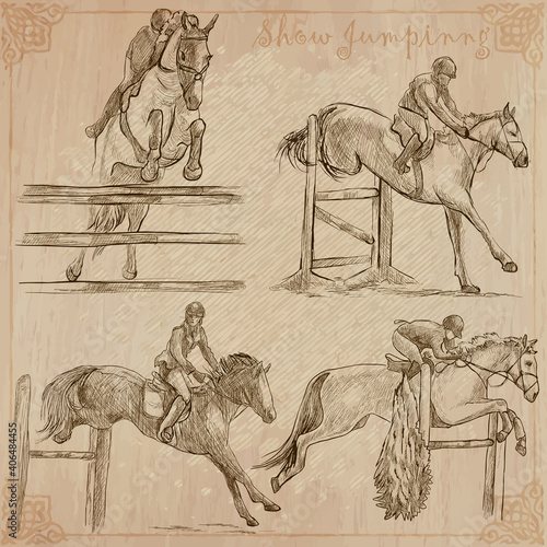 Horses - show jumping. Collection, pack of freehand vector sketches. Line art.