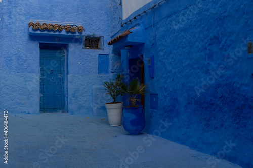 narrow street in the blue city Chefchaouen, Morocco © Stephan
