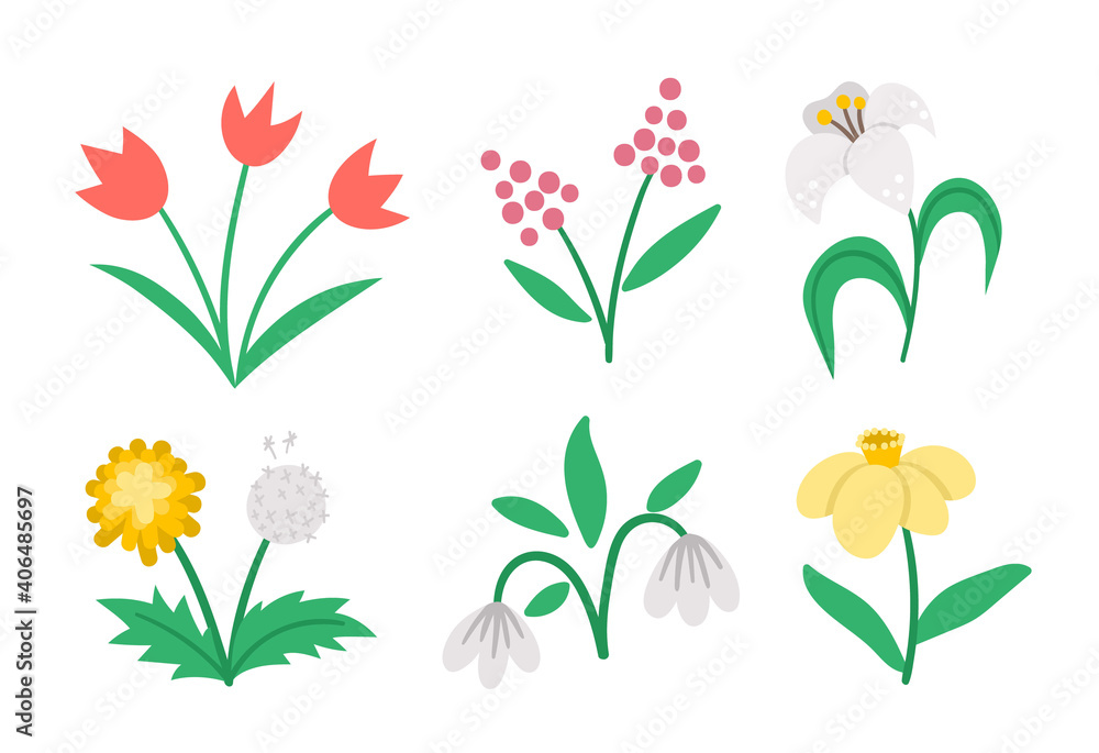 Vector cute flat spring flowers icons set. First blooming plants illustration. Floral clip art collection. Tulips, dandelion, snowdrop, narcissus, lily isolated on white background..