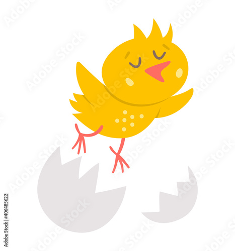 Vector funny chick icon. Spring, Easter or farm little bird illustration. Cute yellow just hatched chicken flying out of egg shell isolated on white background. .