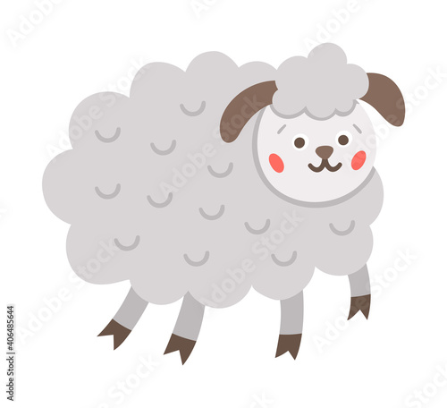 Vector sheep icon. Cute smiling farm animal isolated on white background. Adorable ewe illustration for kids. Funny spring character..