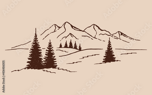 Hand drawn vector illustration of mountain landscape with pine trees.