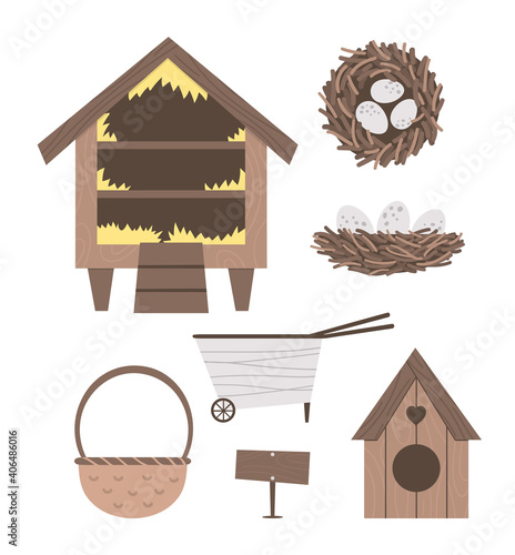 Vector cute farm and garden equipment collection. Roost, bird house, wheel barrow, basket, nest isolated on white background. Bird hatching and breeding icons pack. .