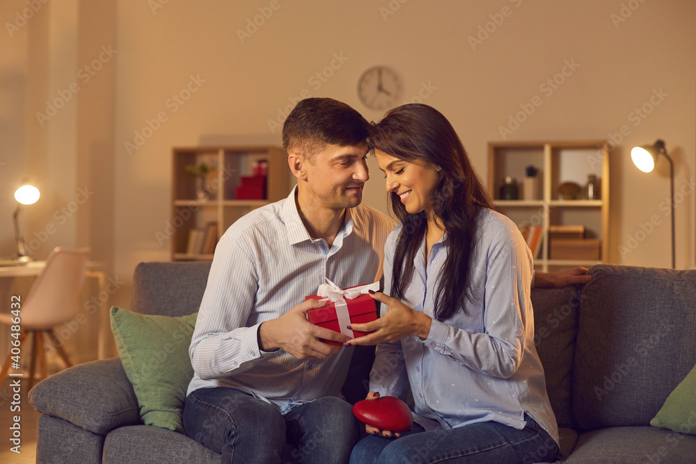 Young man tenderly looks at his girlfriend giving her a gift for Valentine's Day. Loving couple exchanging gifts sitting on the couch at home in a cozy room. Valentine's Day concept. Young man tenderly looks at his girlfriend giving her a gift for Valentine's Day. Loving couple exchanging gifts sitting on the couch at home in a cozy room. Valentine's Day concept.